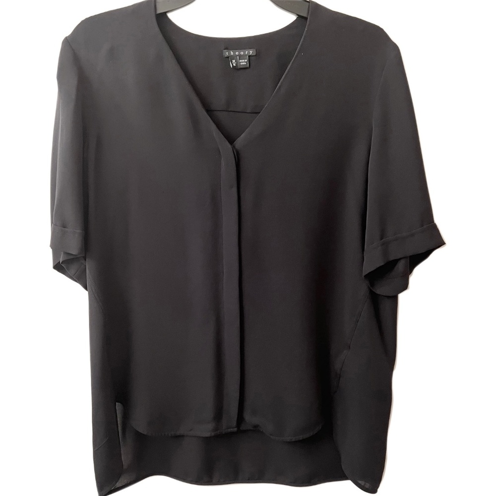 THEORY 100% Silk Short Sleeve Blouse Shirt Top Black Button Up High Low Medium